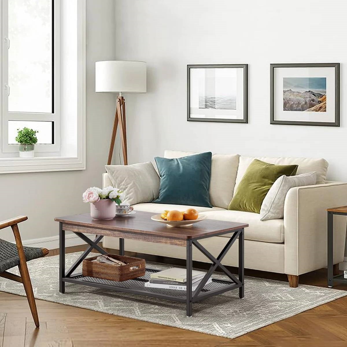 Mesa de centro moderna de metal y madera estilo clásico con estante de almacenamiento inferior