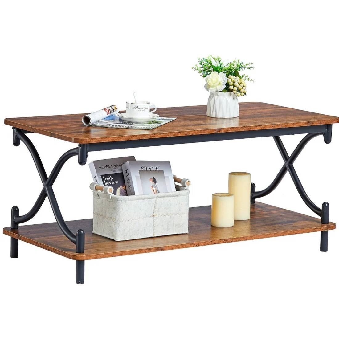 Mesa de centro moderna de metal negro industrial y madera marrón con estante de almacenamiento inferior