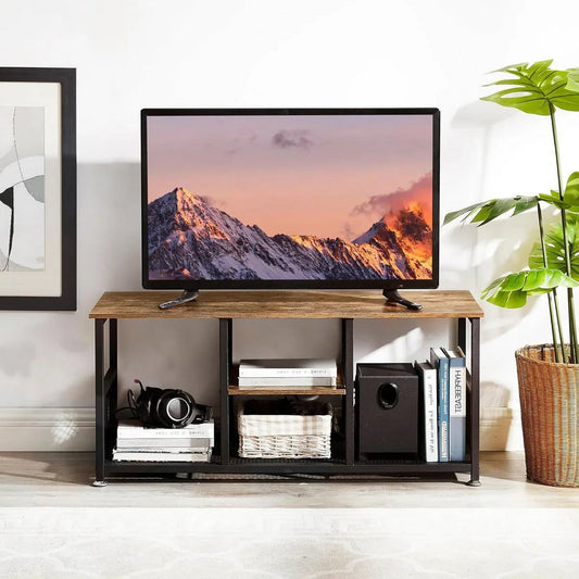Mueble de TV Industrial Moderno de Metal y Madera con Estante para Almacenamiento Multimedia