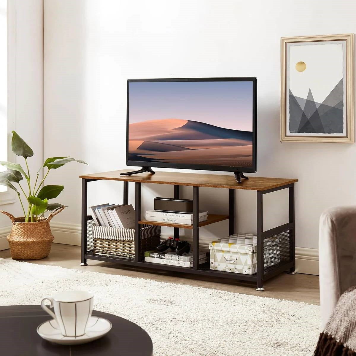 Mueble de TV Industrial Moderno de Metal y Madera con Estante para Almacenamiento Multimedia