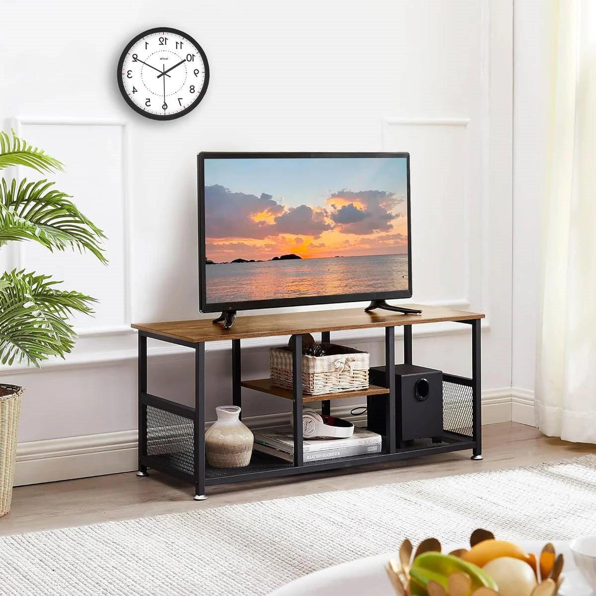 Mueble de TV Industrial Moderno de Metal y Madera con Estante para Almacenamiento Multimedia