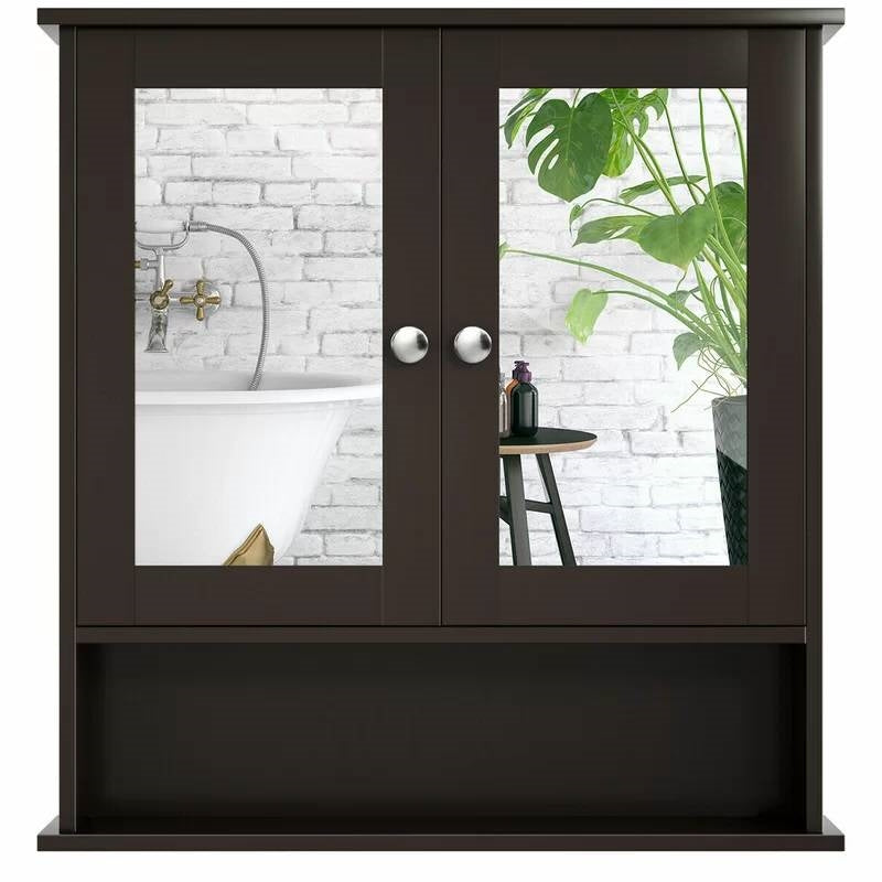 Armario de pared/botiquín de baño de madera marrón con puertas de espejo y estante