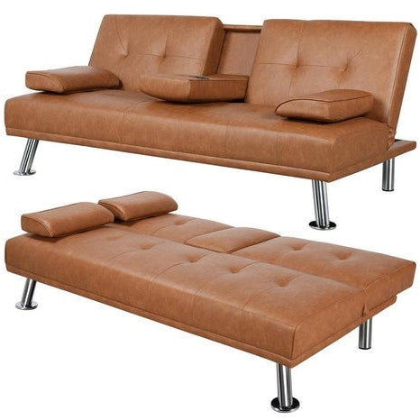Sofá cama convertible futón con portavasos de polipiel moderna marrón