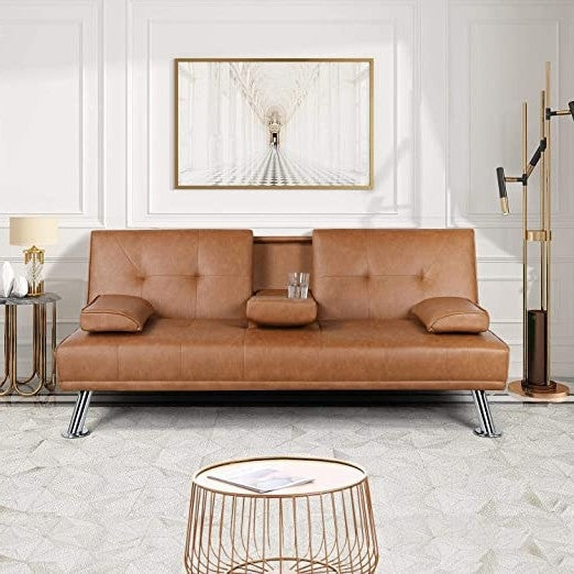 Sofá cama convertible futón con portavasos de polipiel moderna marrón