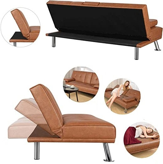 Sofá cama convertible futón con portavasos de polipiel moderna marrón