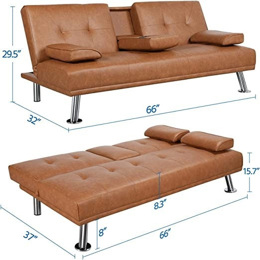 Sofá cama convertible futón con portavasos de polipiel moderna marrón