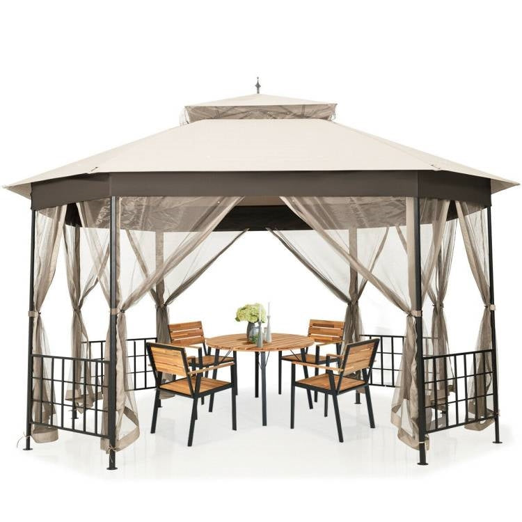 Cenador octogonal para exterior de 3 x 3.6 m con paredes de mosquitera y toldo beige