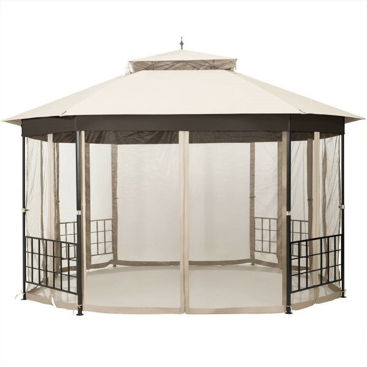 Cenador octogonal para exterior de 3 x 3.6 m con paredes de mosquitera y toldo beige