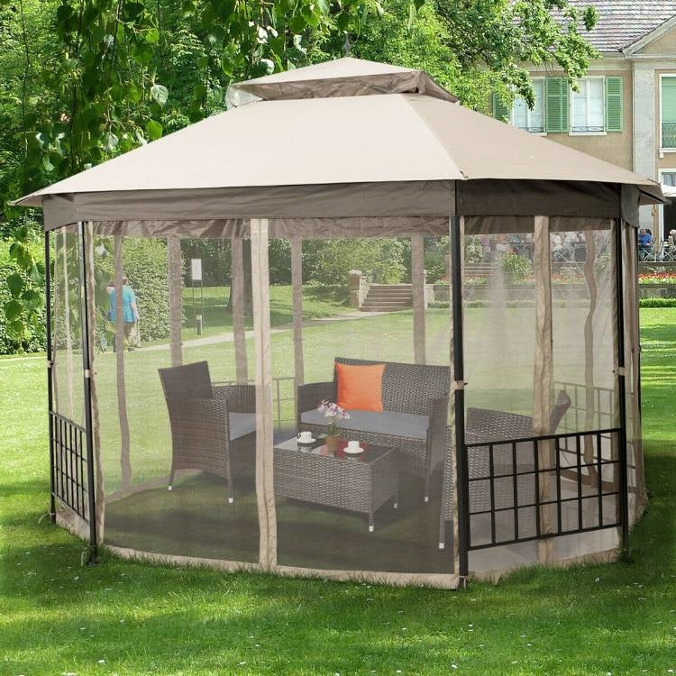 Cenador octogonal para exterior de 3 x 3.6 m con paredes de mosquitera y toldo beige