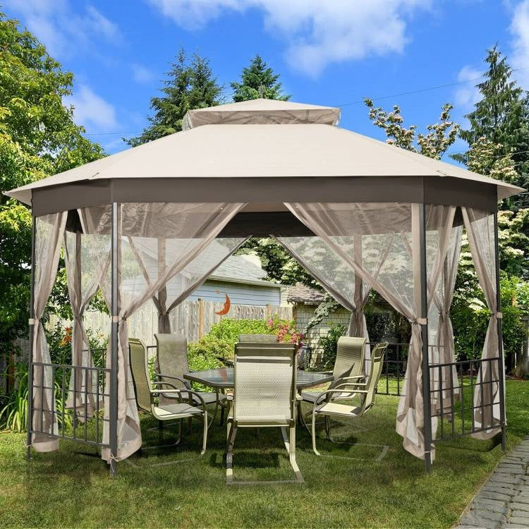 Cenador octogonal para exterior de 3 x 3.6 m con paredes de mosquitera y toldo beige