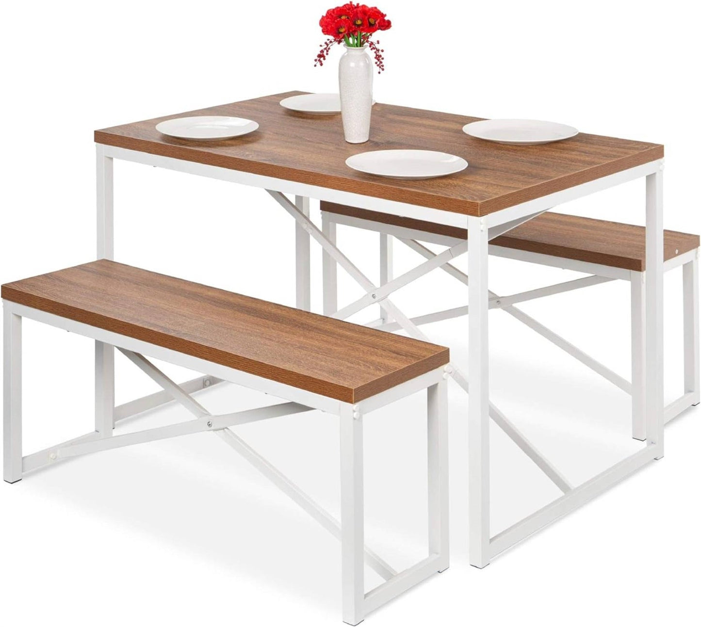 Juego de comedor moderno de 3 piezas, mesa de madera con estructura de metal blanco y 2 bancos