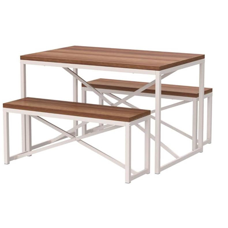 Juego de comedor moderno de 3 piezas, mesa de madera con estructura de metal blanco y 2 bancos