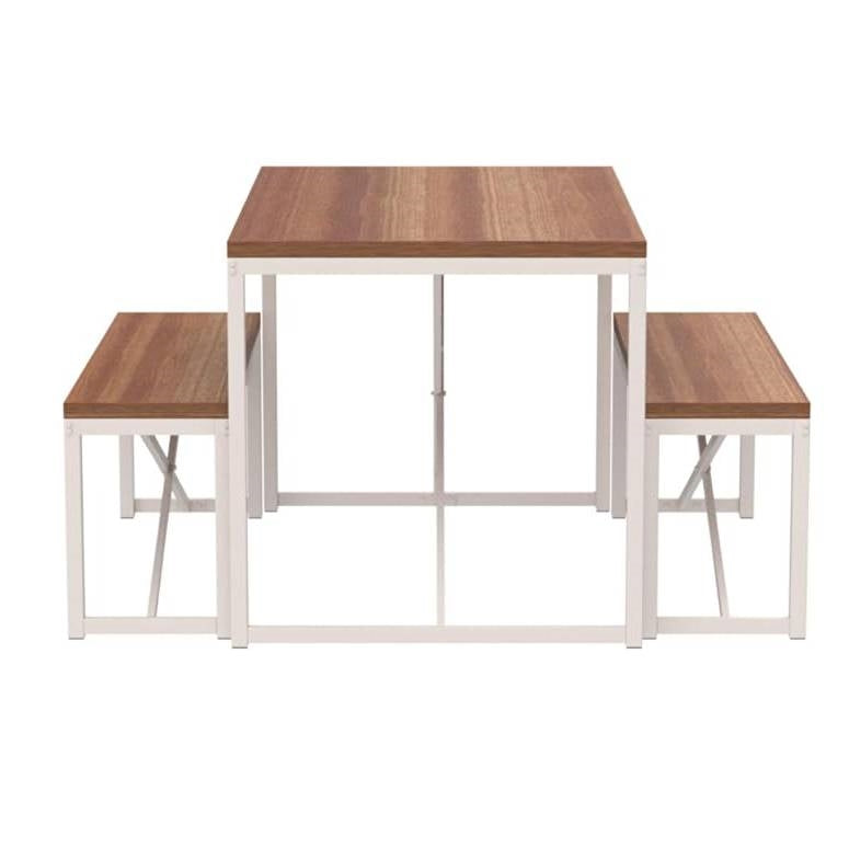Juego de comedor moderno de 3 piezas, mesa de madera con estructura de metal blanco y 2 bancos