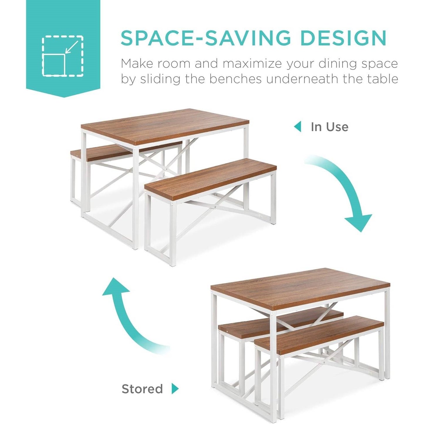 Juego de comedor moderno de 3 piezas, mesa de madera con estructura de metal blanco y 2 bancos