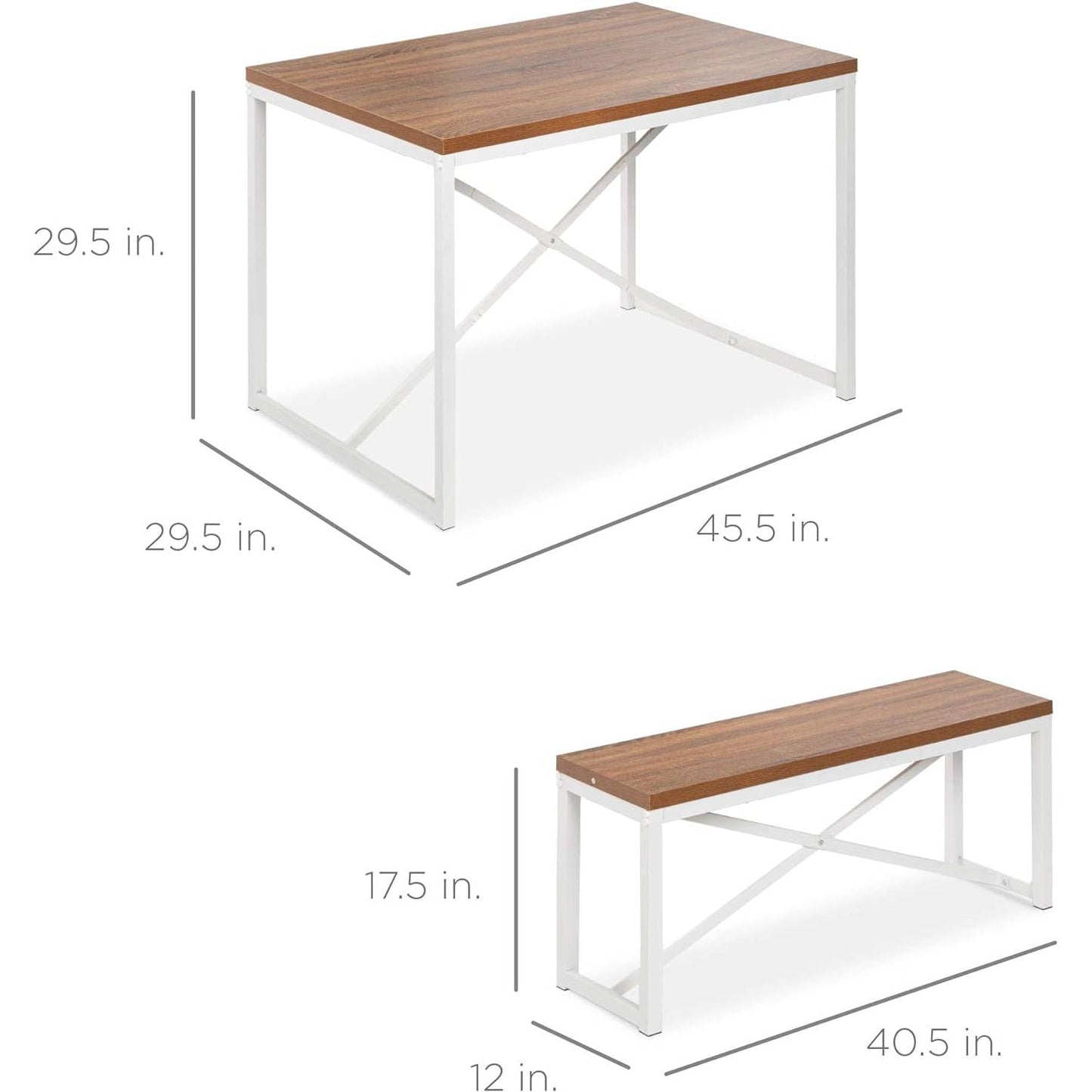 Juego de comedor moderno de 3 piezas, mesa de madera con estructura de metal blanco y 2 bancos