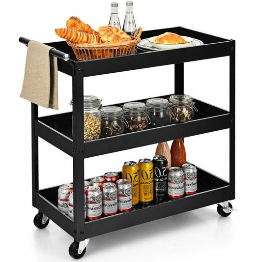 Carrito utilitario de cocina con estructura de acero negro sobre ruedas con 2 estantes inferiores