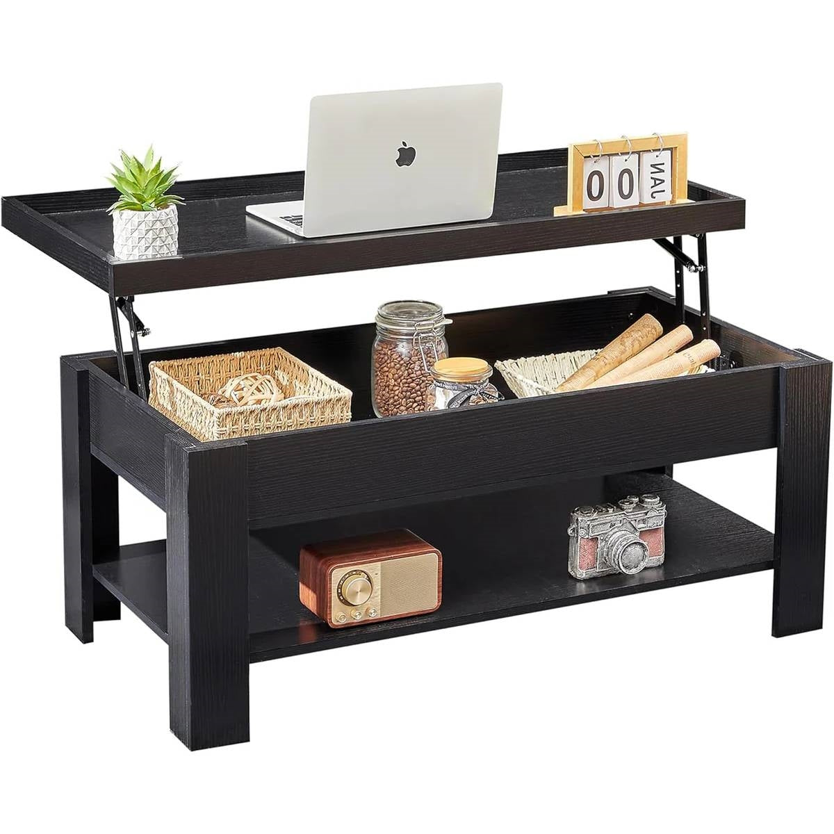 Mesa de centro elevable moderna con bandeja para portátil y estante de almacenamiento en acabado de madera negra