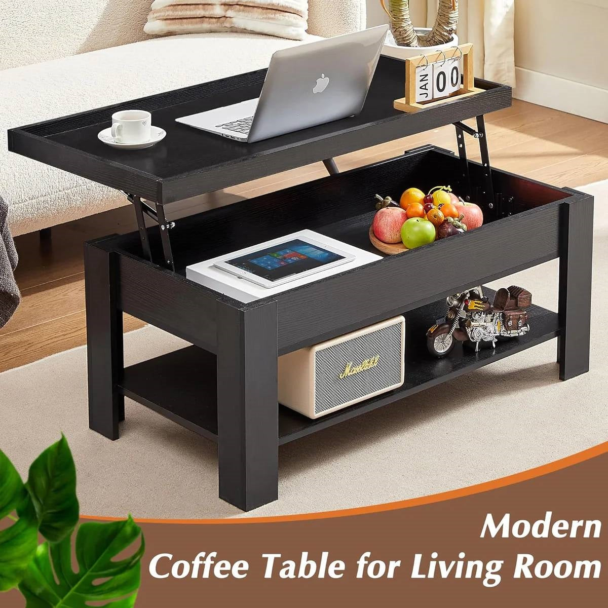 Mesa de centro elevable moderna con bandeja para portátil y estante de almacenamiento en acabado de madera negra