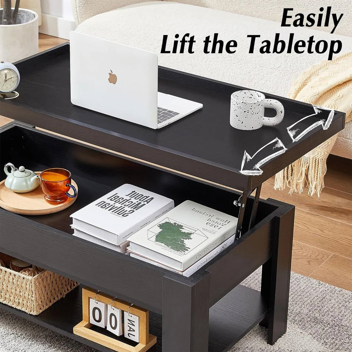 Mesa de centro elevable moderna con bandeja para portátil y estante de almacenamiento en acabado de madera negra