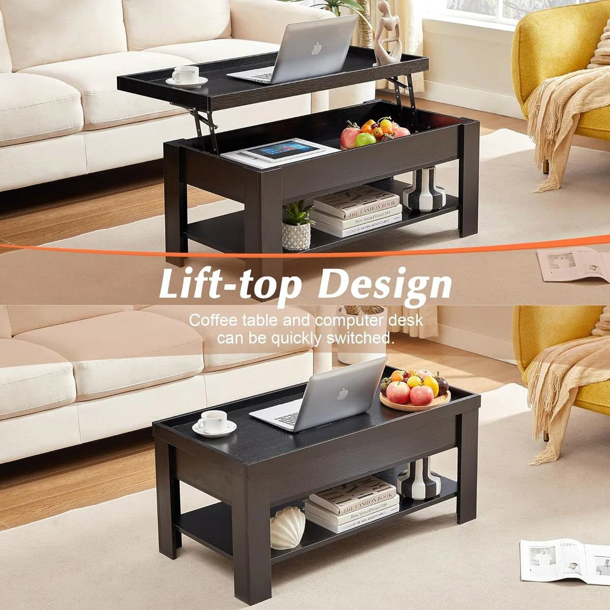 Mesa de centro elevable moderna con bandeja para portátil y estante de almacenamiento en acabado de madera negra