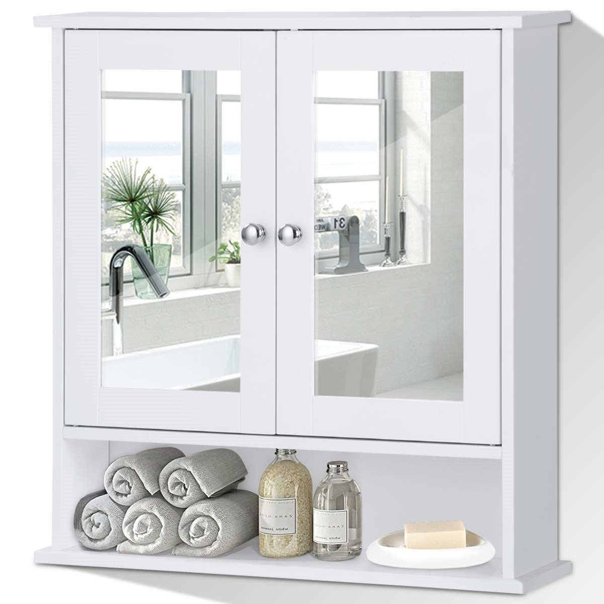 Botiquín de pared blanco para baño con espejo y estante abierto