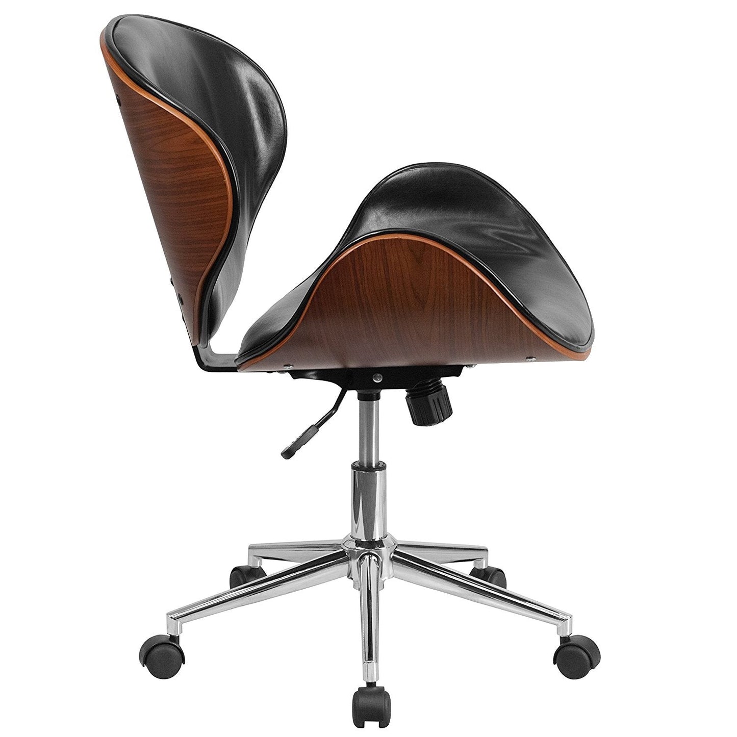 Silla de oficina de cuero sintético negro / nogal para la espalda media con asiento de madera curvada