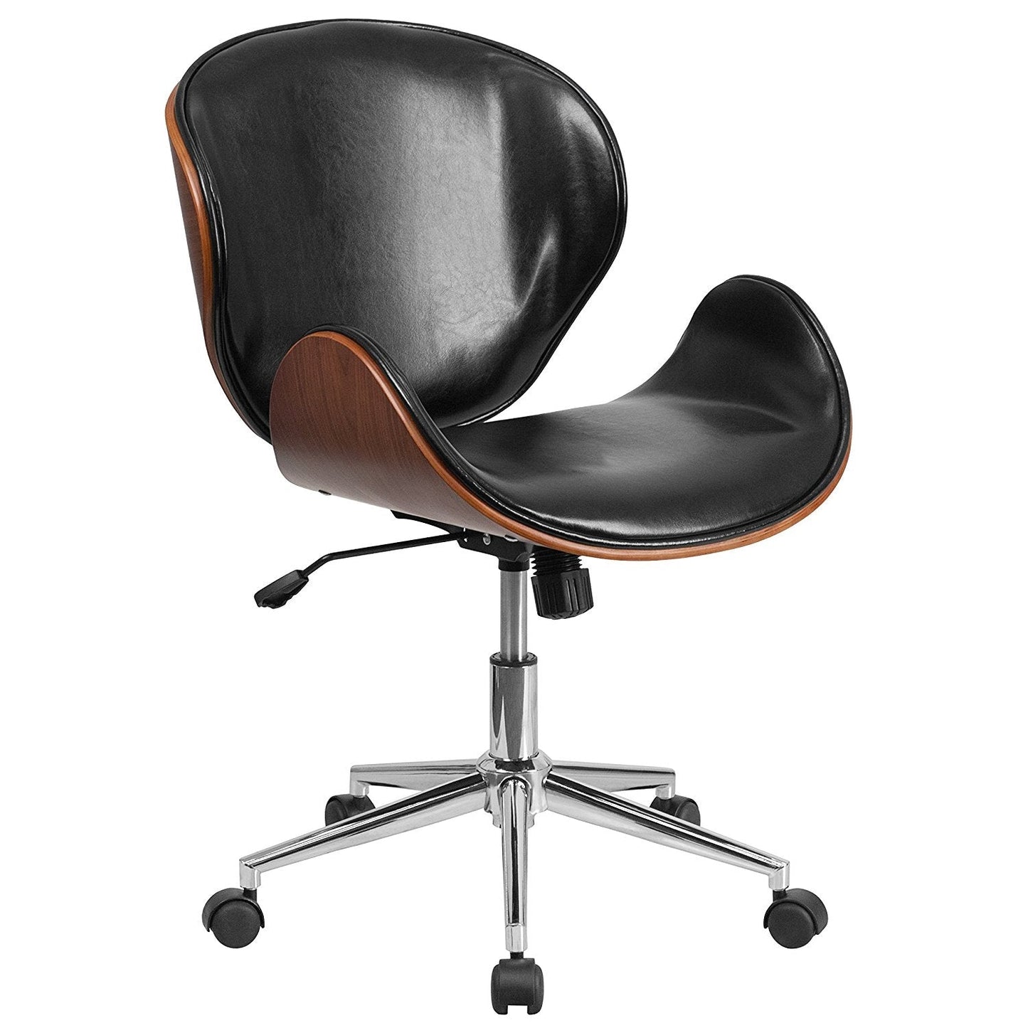 Silla de oficina de cuero sintético negro / nogal para la espalda media con asiento de madera curvada