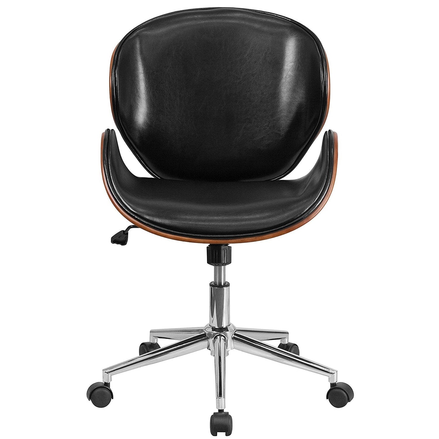 Silla de oficina de cuero sintético negro / nogal para la espalda media con asiento de madera curvada