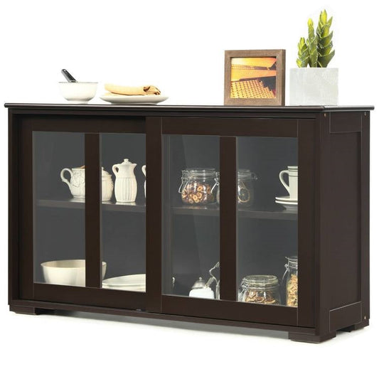 Aparador de madera marrón para cocina, comedor, mueble de almacenamiento con puerta corrediza de cristal