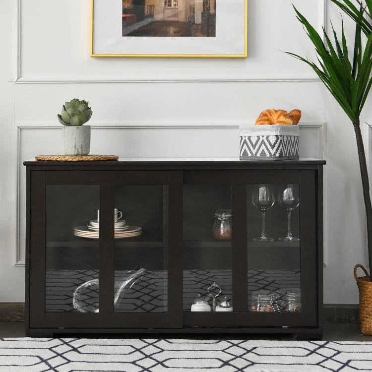 Aparador de madera marrón para cocina, comedor, mueble de almacenamiento con puerta corrediza de cristal