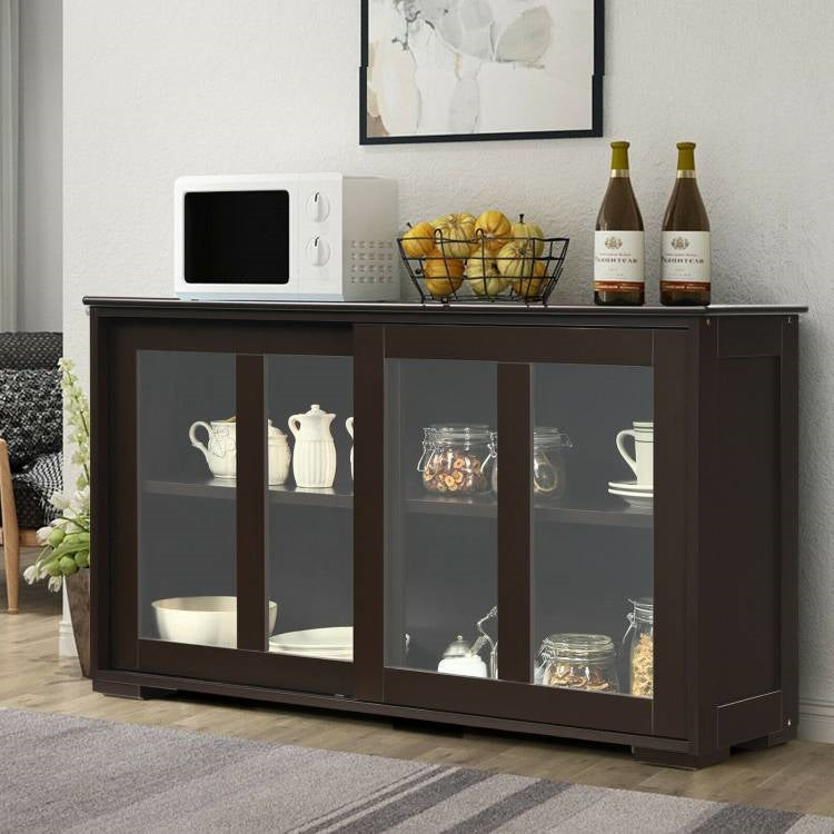 Aparador de madera marrón para cocina, comedor, mueble de almacenamiento con puerta corrediza de cristal