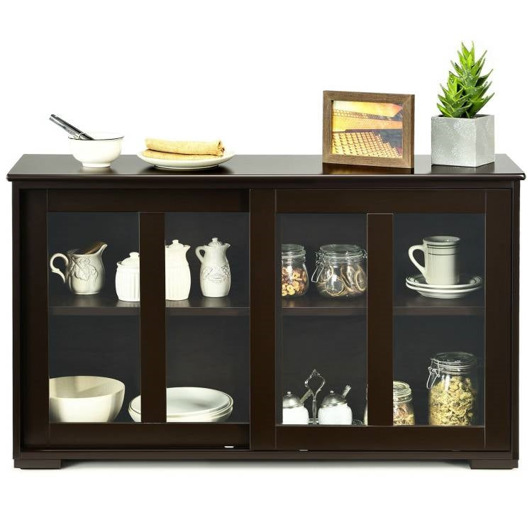 Aparador de madera marrón para cocina, comedor, mueble de almacenamiento con puerta corrediza de cristal