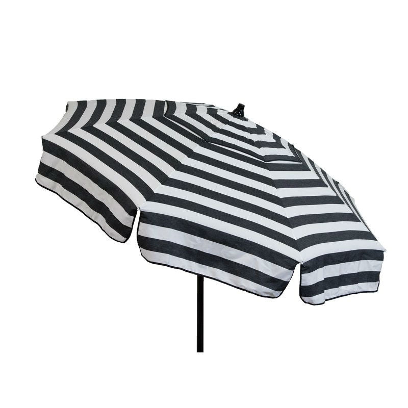 Parasol de 6 pies con dosel de rayas blancas y negras, con inclinación y apertura manual.