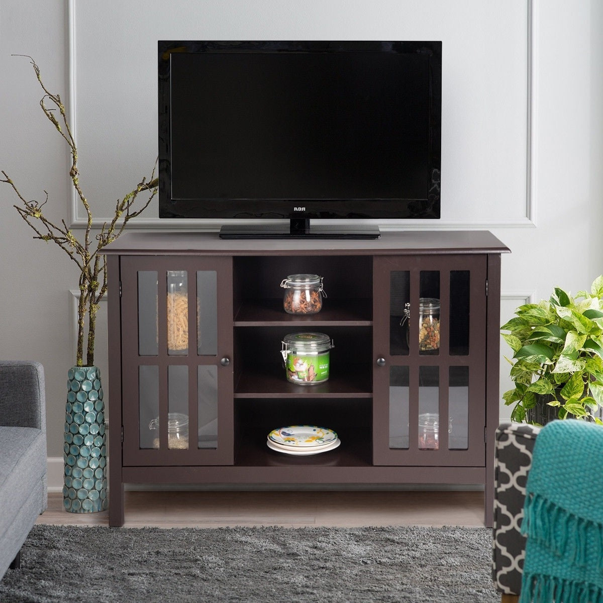 Mueble de TV de madera marrón de 43 pulgadas, mesa consola con armario de almacenamiento