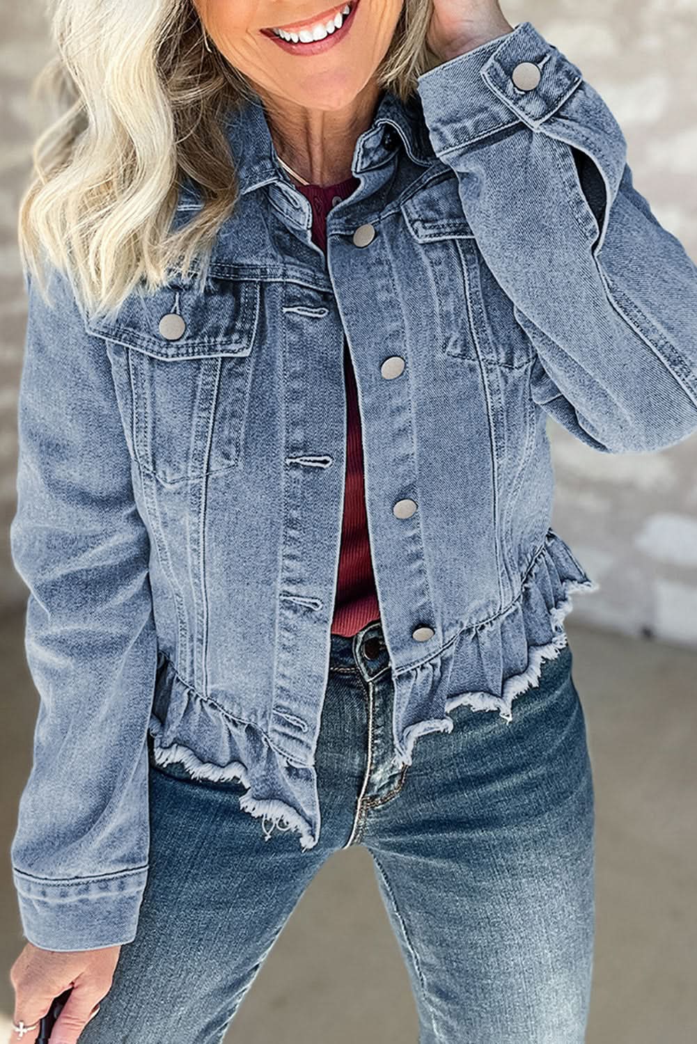 Jackets Love Salve  Beau Blue Ruffle Raw Hem Flap Pockets Denim