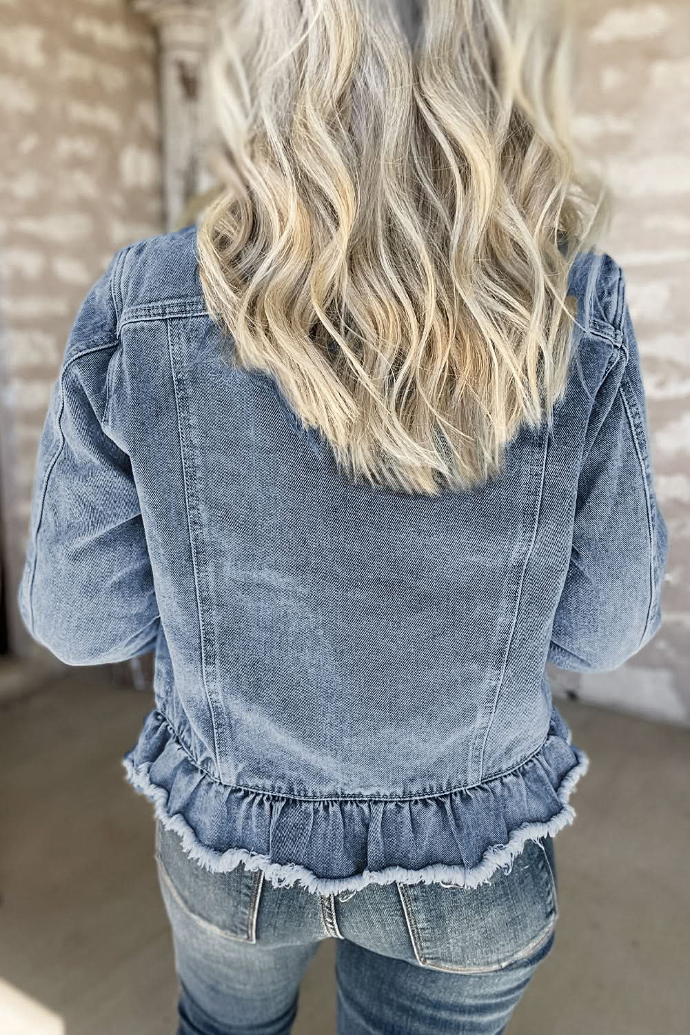Jackets Love Salve  Beau Blue Ruffle Raw Hem Flap Pockets Denim