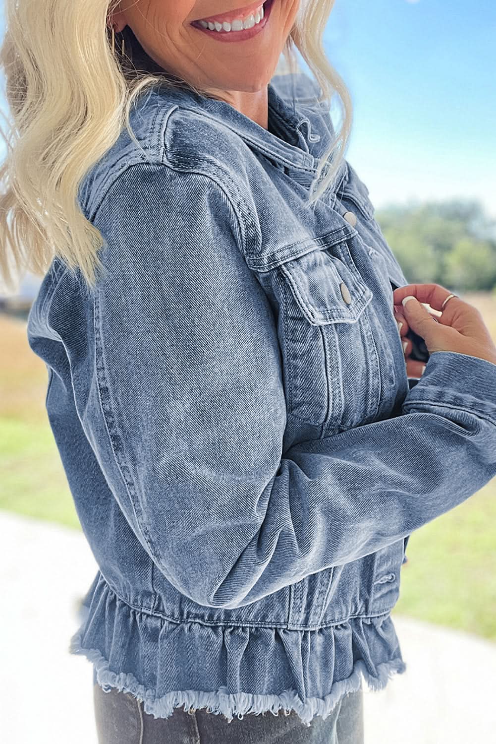 Jackets Love Salve  Beau Blue Ruffle Raw Hem Flap Pockets Denim