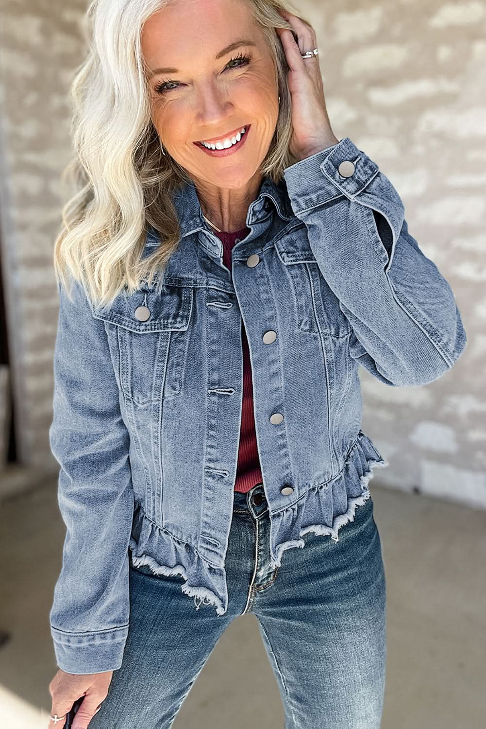 Jackets Love Salve  Beau Blue Ruffle Raw Hem Flap Pockets Denim