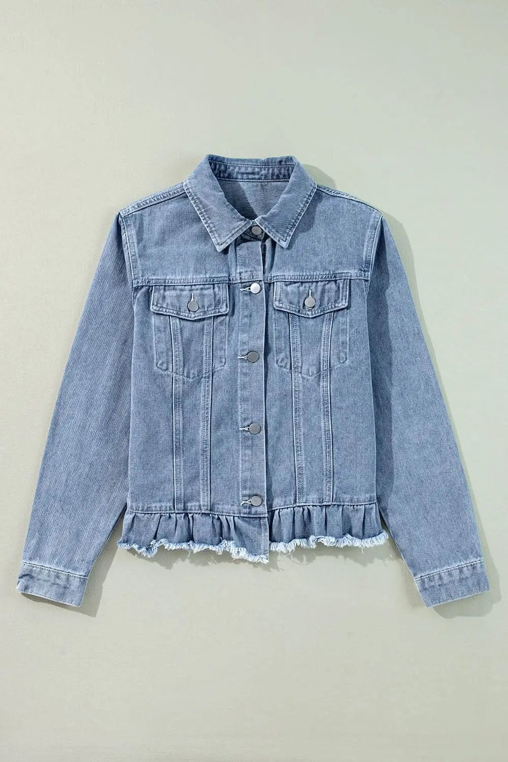 Jackets Love Salve  Beau Blue Ruffle Raw Hem Flap Pockets Denim