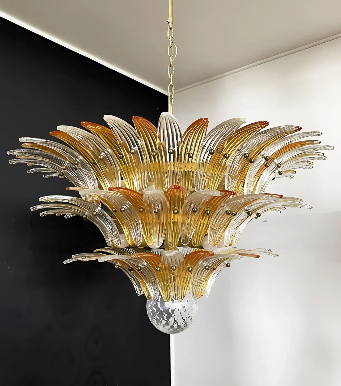 Hermosa Lámpara de Araña Transparente Ámbar Murano Palmette