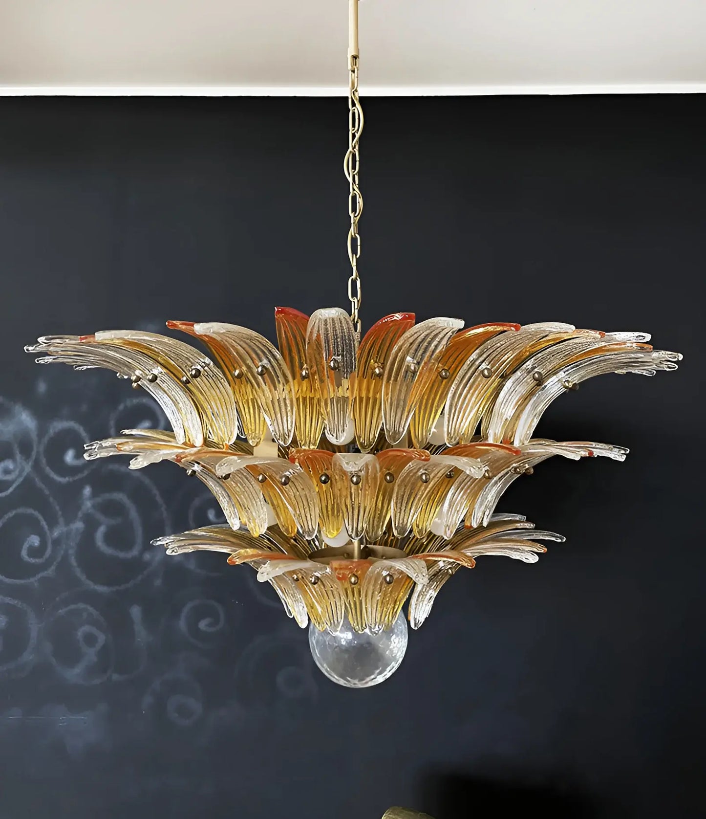 Hermosa Lámpara de Araña Transparente Ámbar Murano Palmette