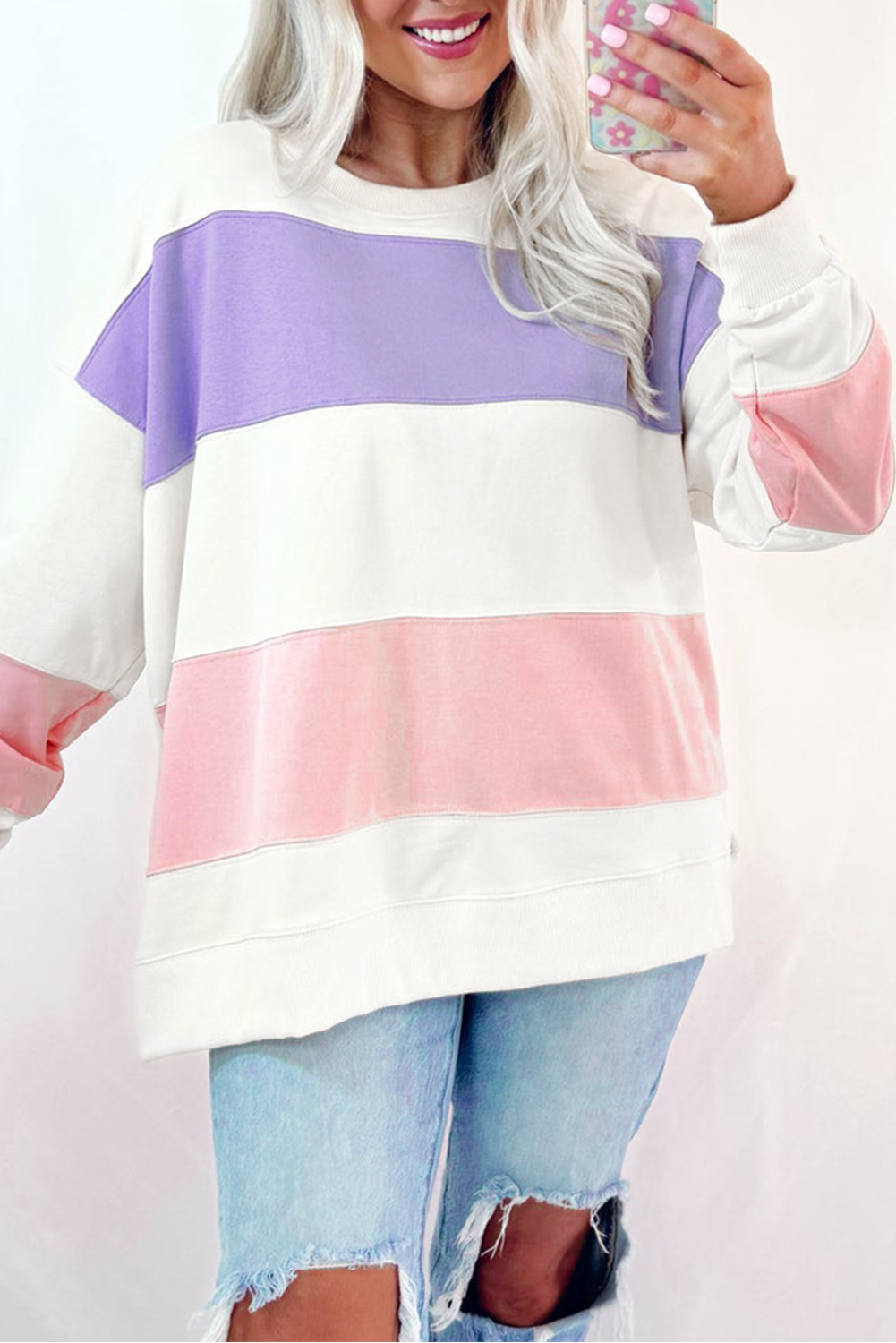 Love Salve Beige Colorblock Patchwork Drop Shoulder Crewneck