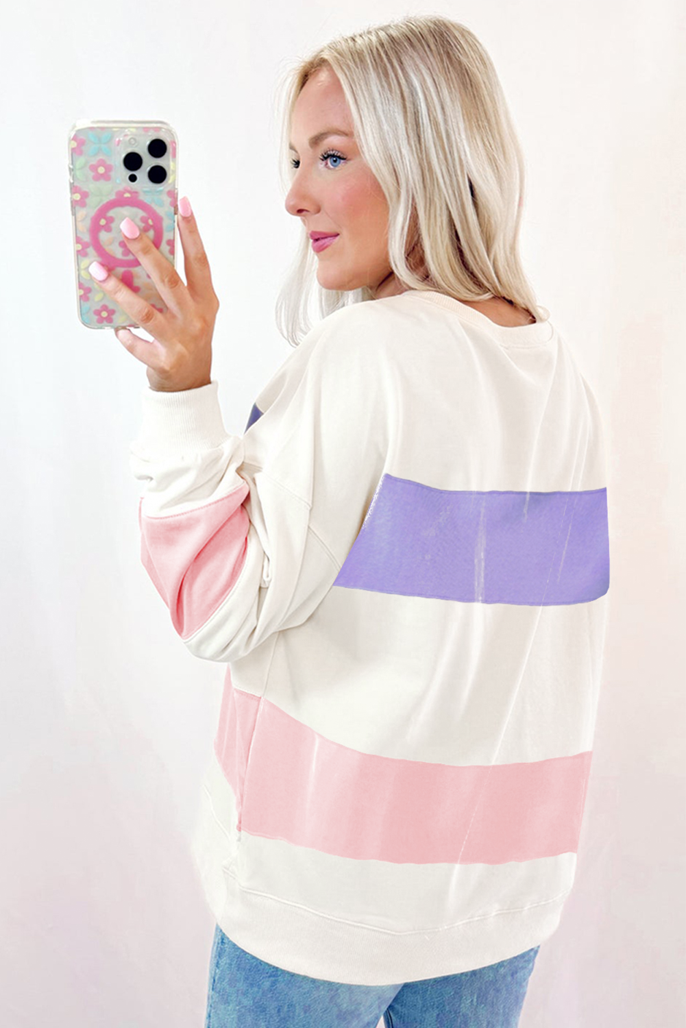 Love Salve Beige Colorblock Patchwork Drop Shoulder Crewneck