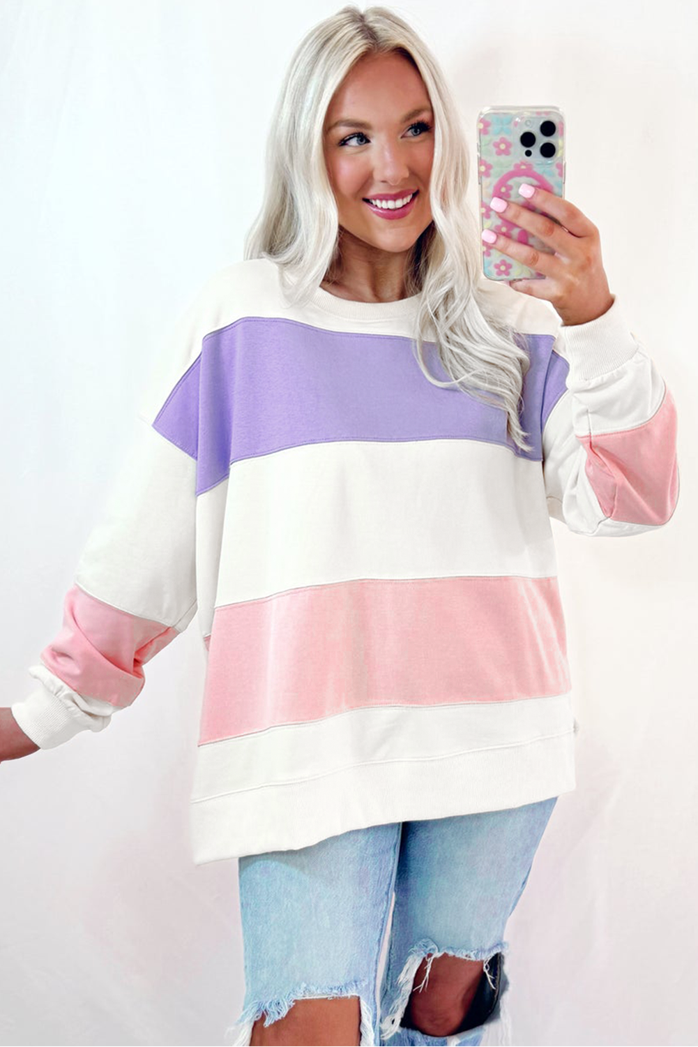 Love Salve Beige Colorblock Patchwork Drop Shoulder Crewneck