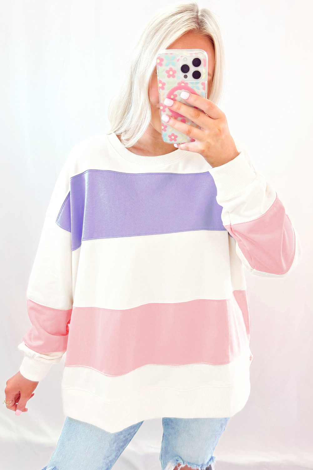 Love Salve Beige Colorblock Patchwork Drop Shoulder Crewneck