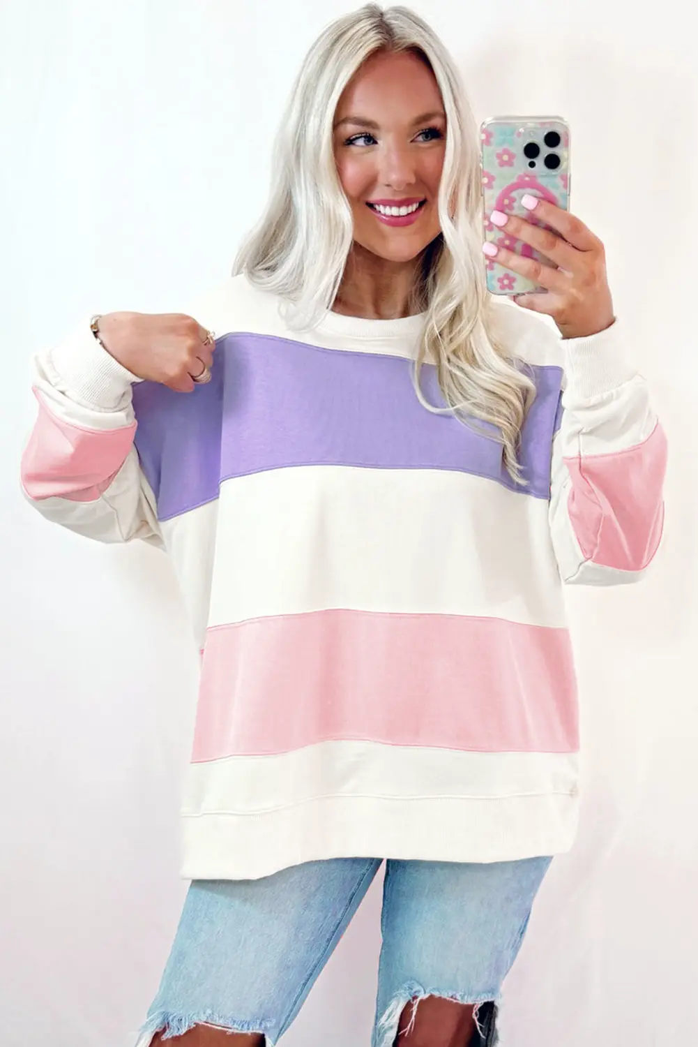 Love Salve Beige Colorblock Patchwork Drop Shoulder Crewneck