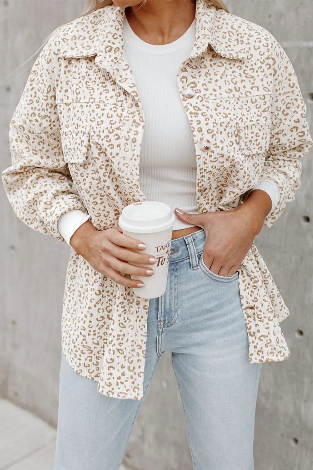 Love Salve Corduroy Shacket With Pockets — Leopard Print Casual Jacket