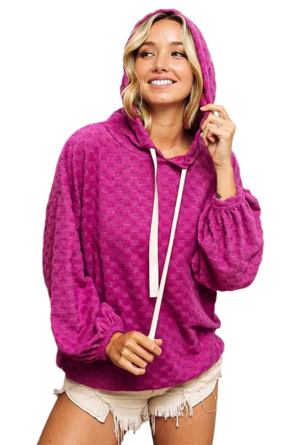 Trendsi BiBi Brushed Checker Hoodie — Cozy Drawstring Jacket