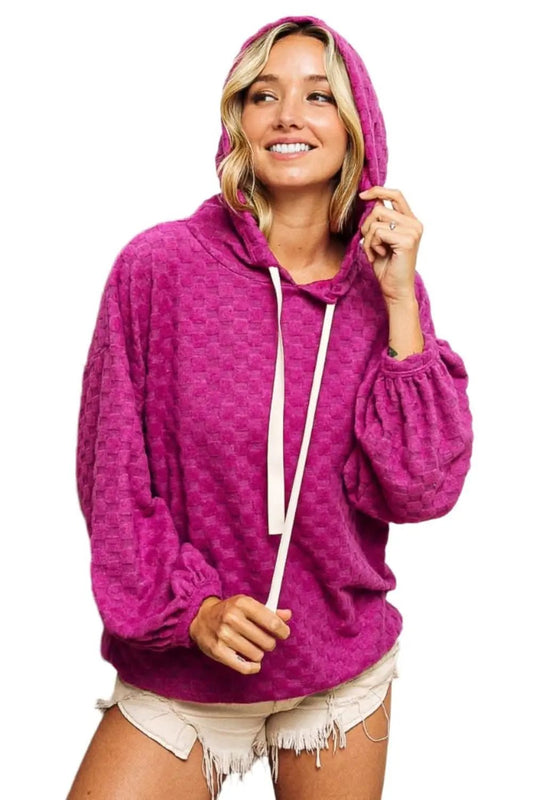 Trendsi BiBi Brushed Checker Hoodie — Cozy Drawstring Jacket