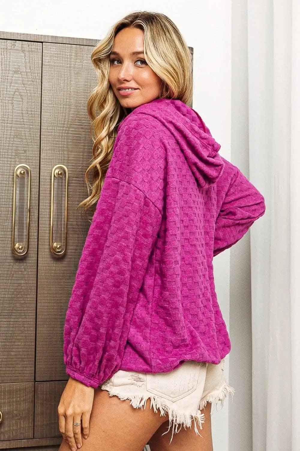 Trendsi BiBi Brushed Checker Hoodie — Cozy Drawstring Jacket